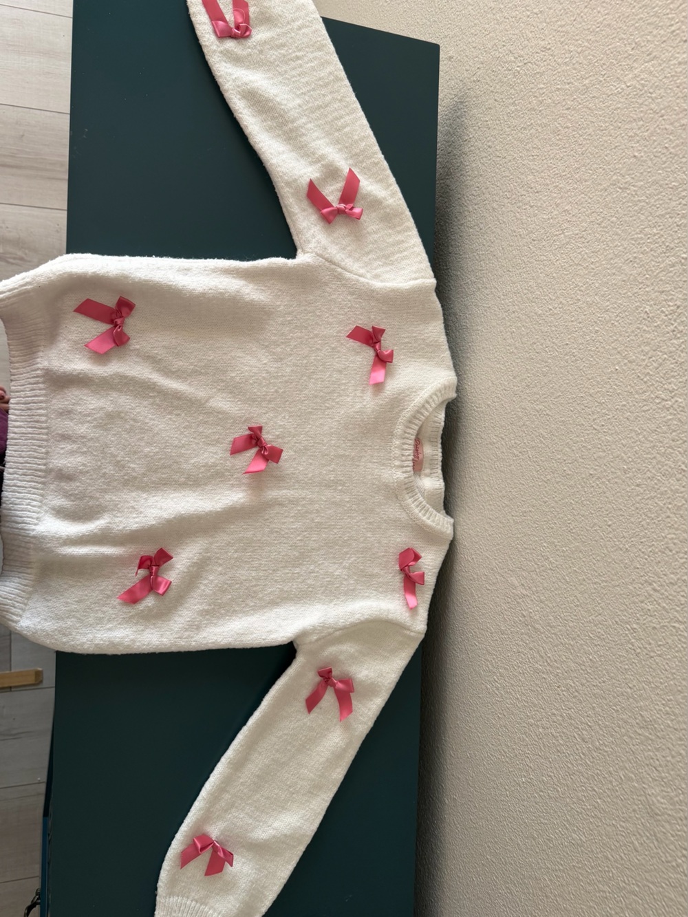 Girls' Cream Sweater with Pink Ribbon Accents and Matching flare pull up pants
